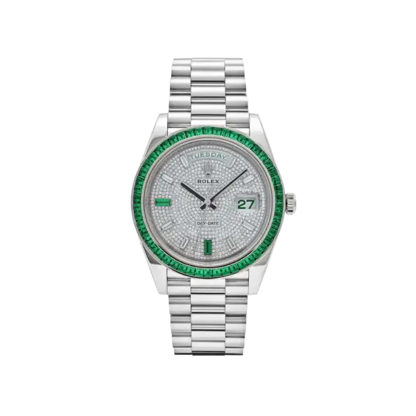 Rolex Day-Date 40 228396TEM Platinum Diamond Dial Emerald Bezel