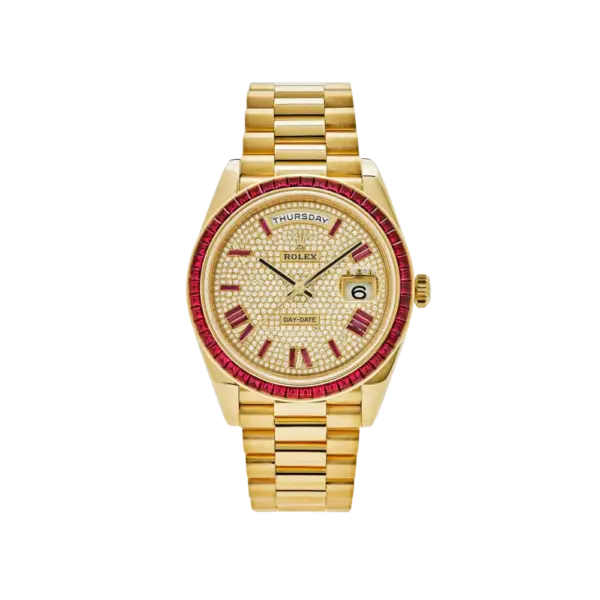 Rolex Day-Date 40 228398TRU Yellow Gold Roman Dial Ruby Bezel