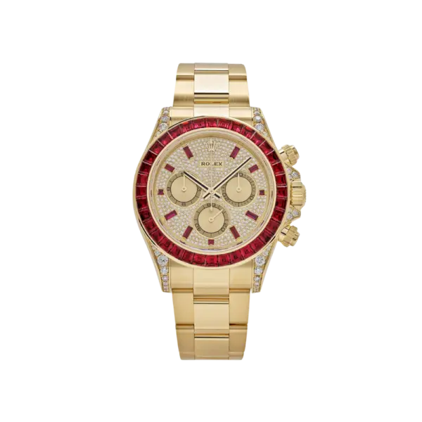 Rolex Daytona 126598TRU Yellow Gold Ruby Bezel Diamond Pave Dial