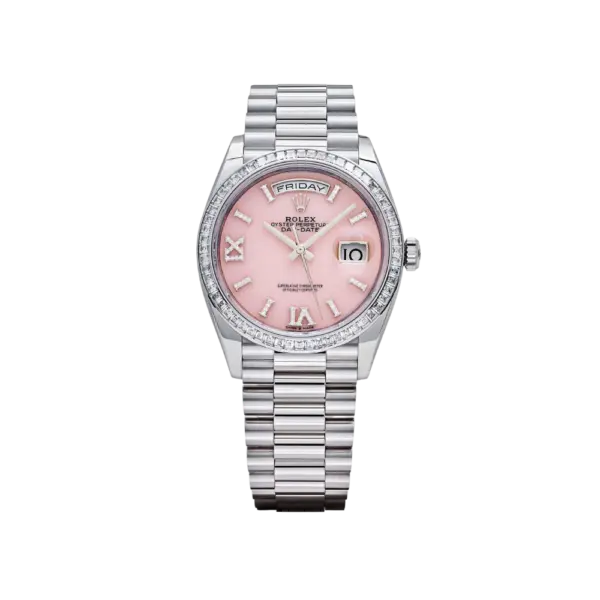 Rolex Day-Date 36 128396TBR Platinum Pink Opal Diamond Dial and Bezel