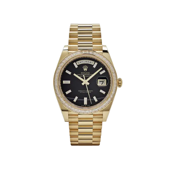 Rolex Day-Date 40 228398TBR Yellow Gold Onyx Baguette Diamond Dial Baguette Bezel