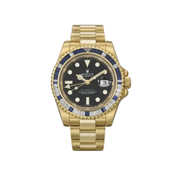 Rolex GMT-Master II 116748SA Yellow Gold Sapphire and Diamond Bezel Black Dial